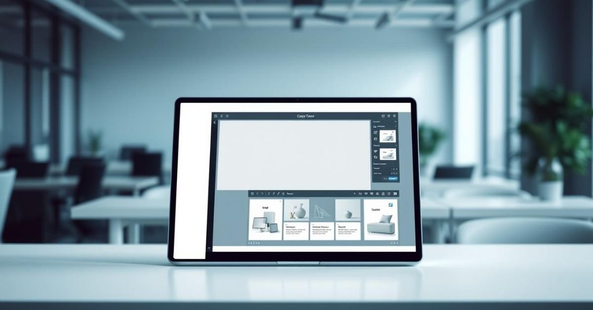 Paparan desktop moden yang anggun yang mempamerkan Canva template untuk reka bentuk grafik digital