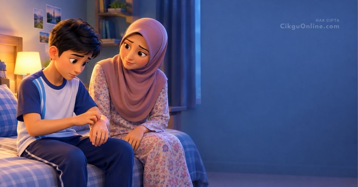 Ibu memeriksa tangan anak yang gatal akibat kudis buta waktu malam